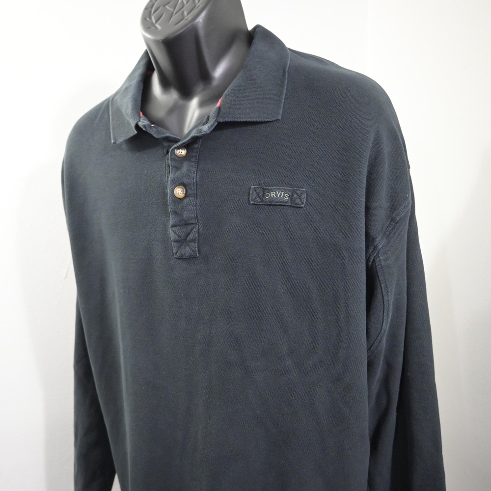 Orvis Polo Mens‎ XXL Black Long Sleeve Pique Cotton Logo Patch Casual Rugby